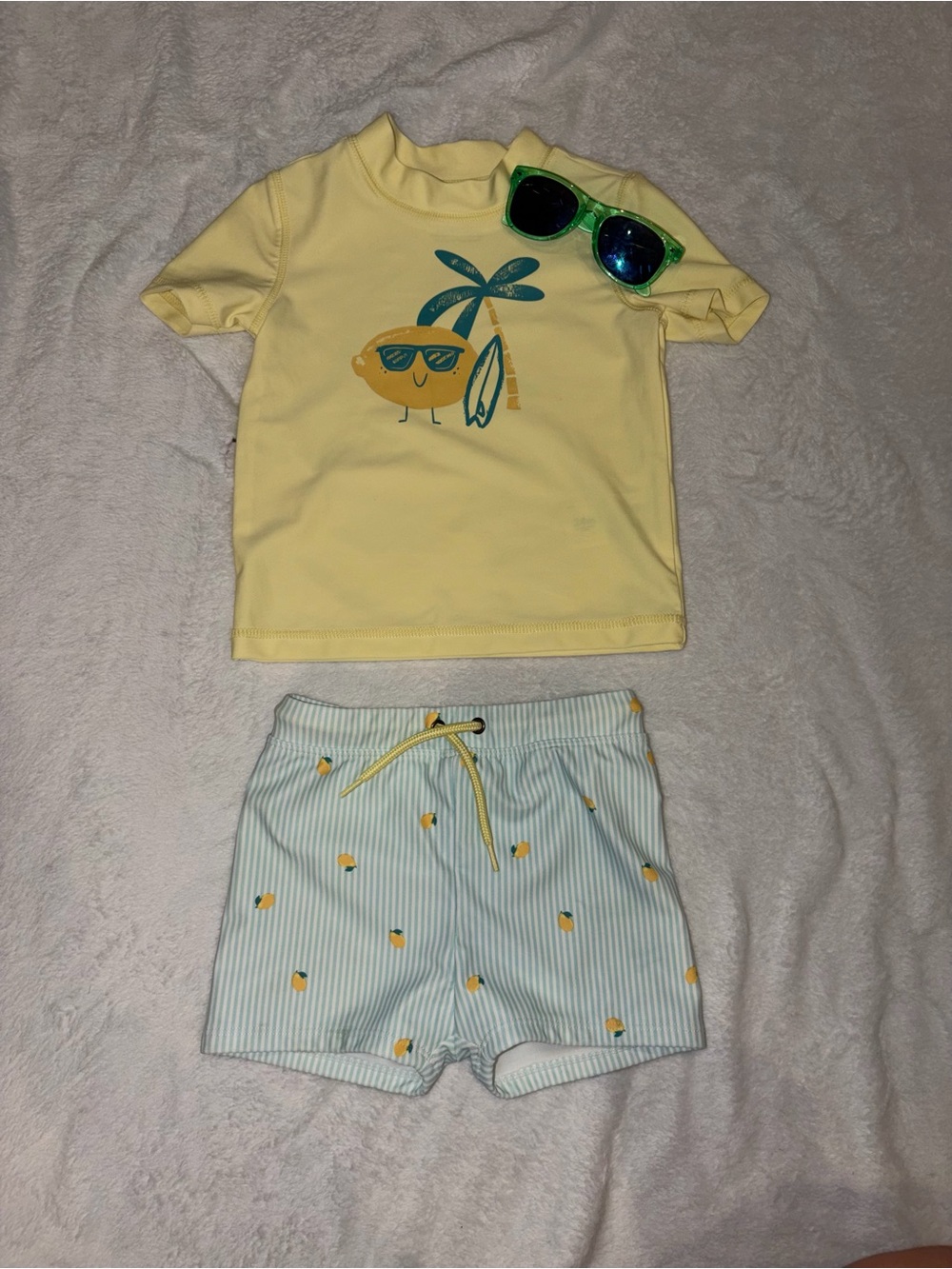 Yellow Lemon Surf Rash Guard Set w/ Sunglasses Size 24 Months Lemon Swim Shorts